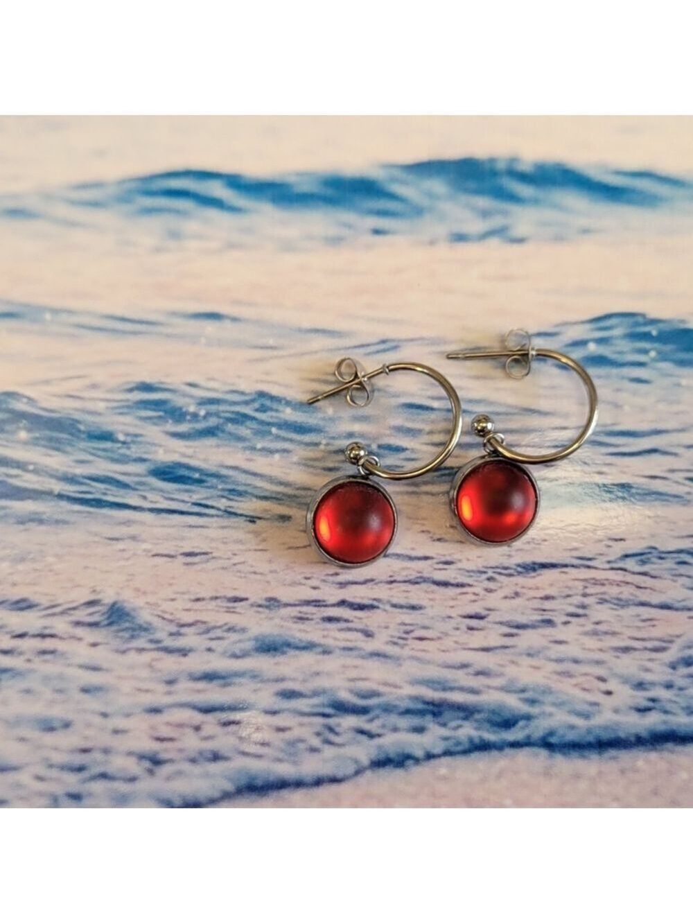 Red Crystal Sea Glass Rhinestone Dangle Drop Hoop Earrings